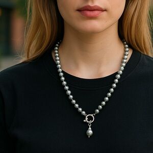 Genuine Gray shell pearl 26.” necklace, silver plated Tagle